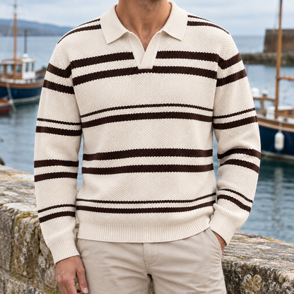 George Striped Knit Polo Sweater - Cream & Brown, worn, full polo