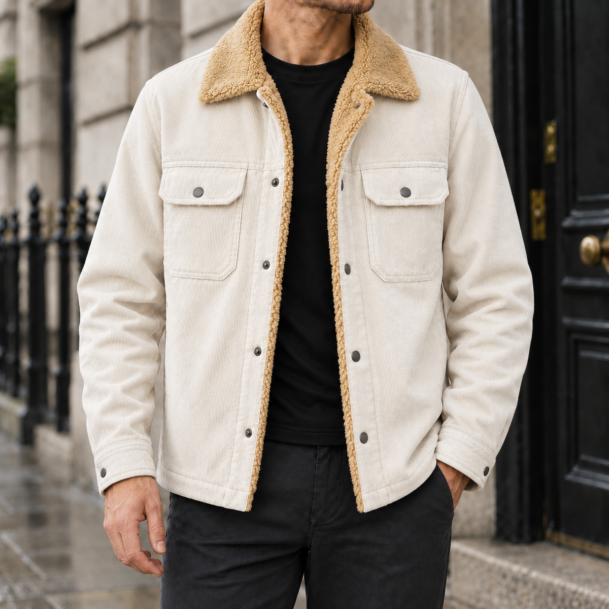 Colton Sherpa-Collar Corduroy Jacket - Cream, worn, full jacket
