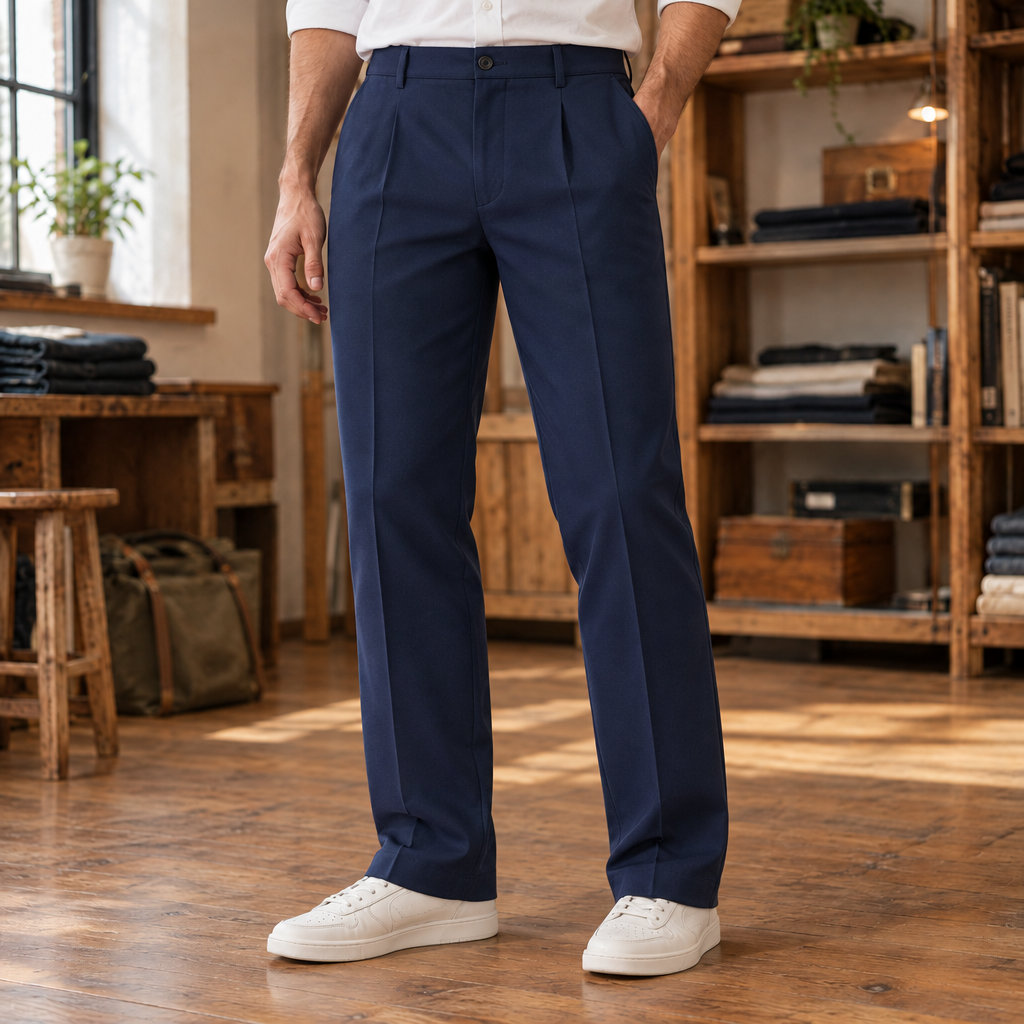 Mitchell Pleated Slim Dress Pants - Dark Blue, worn, full pants