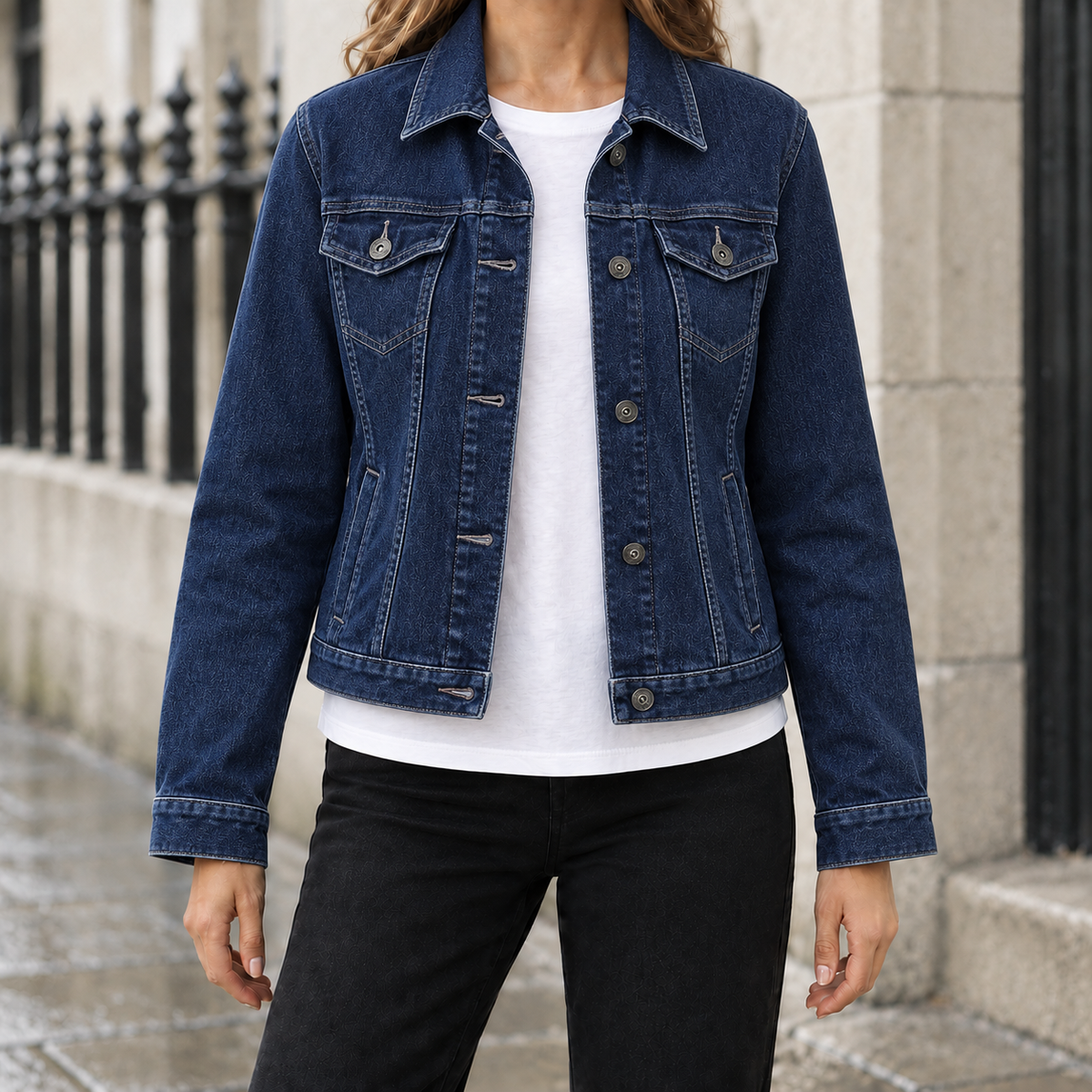 Delphine Cropped Denim Jacket - Dark Blue, worn, full jacket