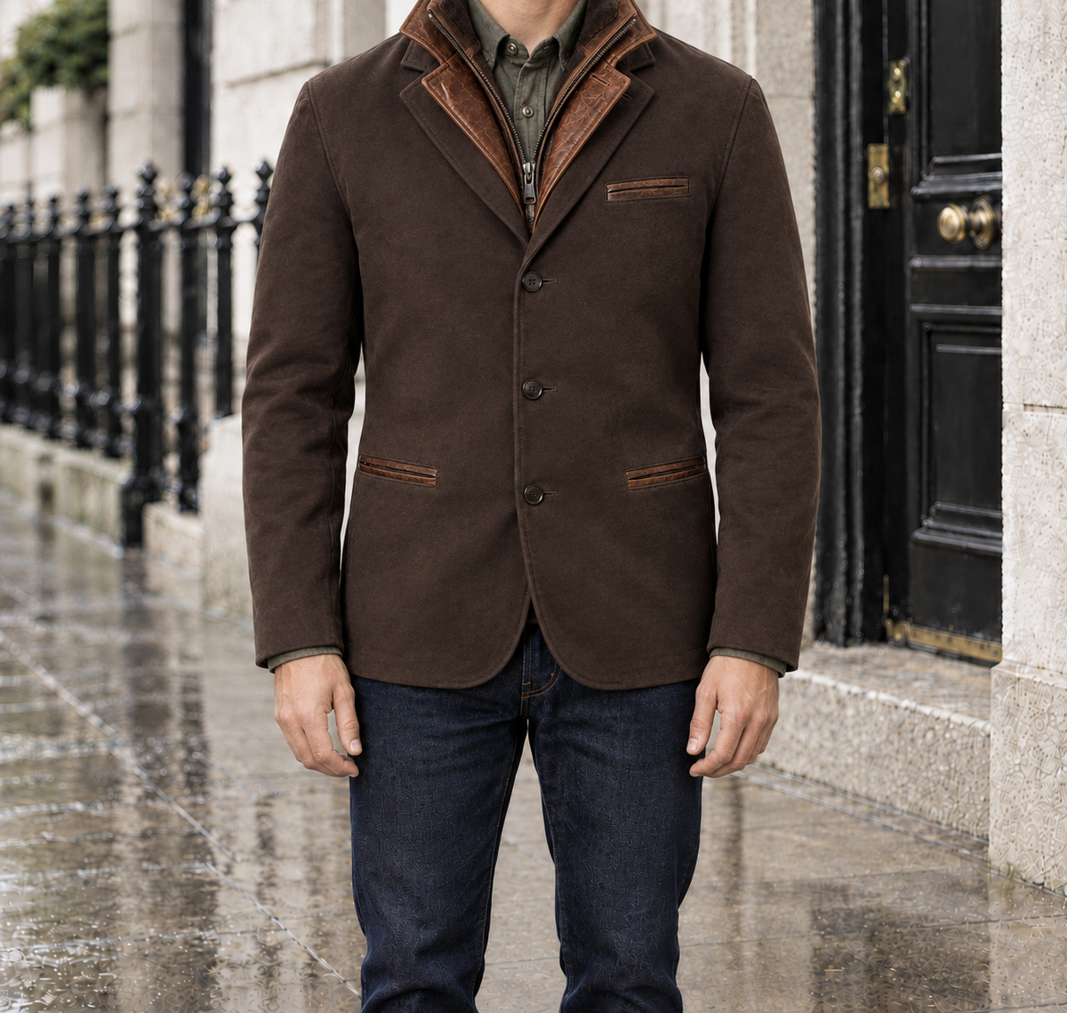 Walter Contrast-Collar Button Jacket - Dark Brown, worn