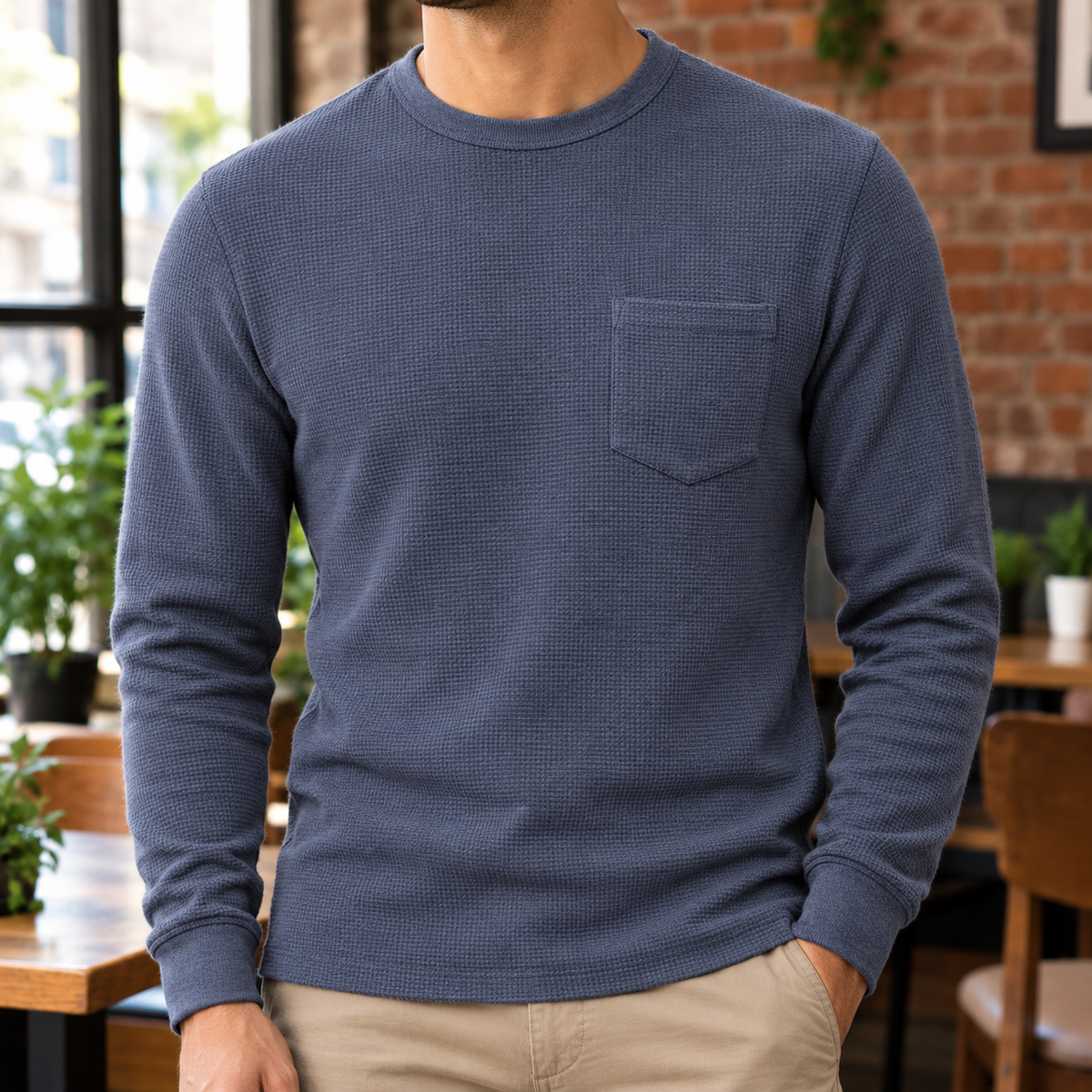Owen Waffle Pocket Long-Sleeve Tee - Dark Gray, worn, full tee