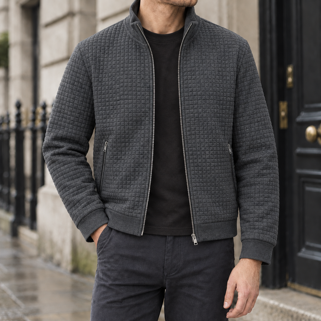 Nolan Grid-Quilted Zip Jacket - Charcoal Gray, worn, full jacket