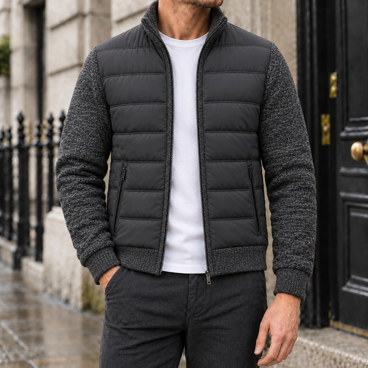 Ryan Knit-Sleeve Quilted Jacket - Dark Gray, worn, full jacket