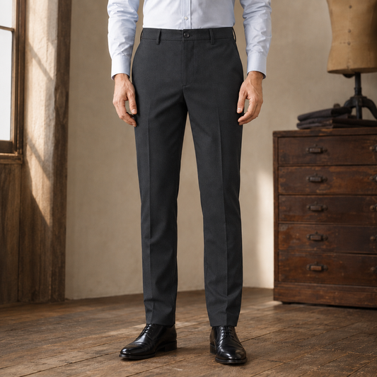 Alden Stretch Dress Trousers — Dark Gray, worn, full trousers