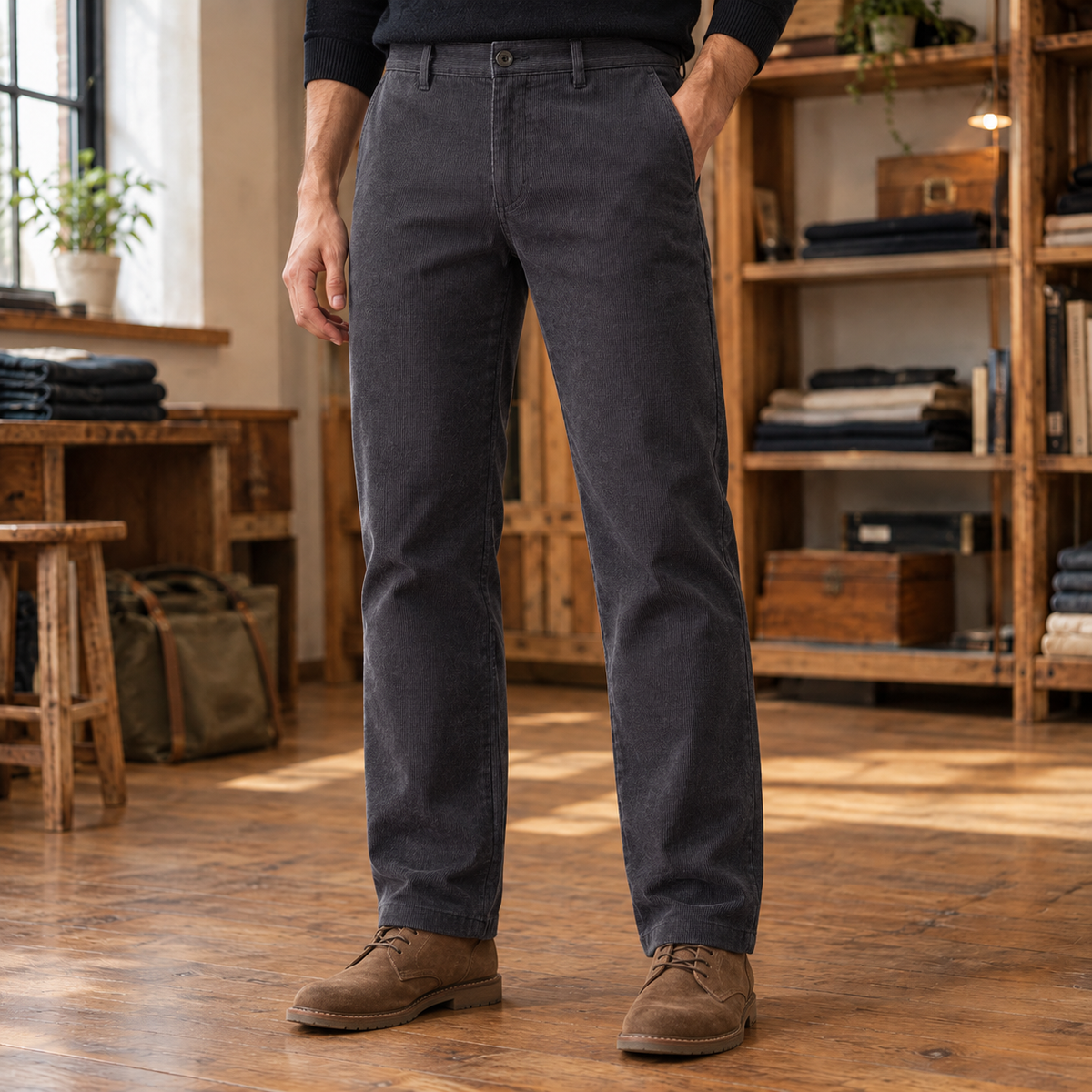 Porter Fleece-Lined Corduroy Trousers - Dark Grey, worn, full trousers