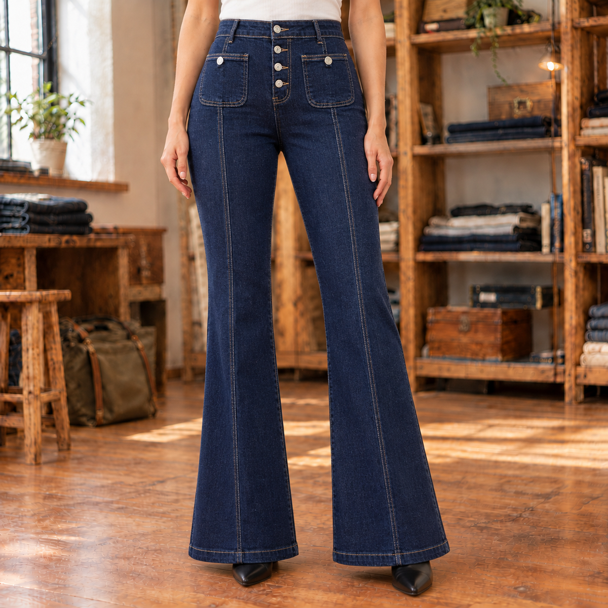Jessica Button-Front Flare Jeans - Dark Blue, worn, full jeans