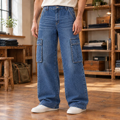 Cody Washed Denim Cargo Jeans - Dark Blue, worn, full jeans