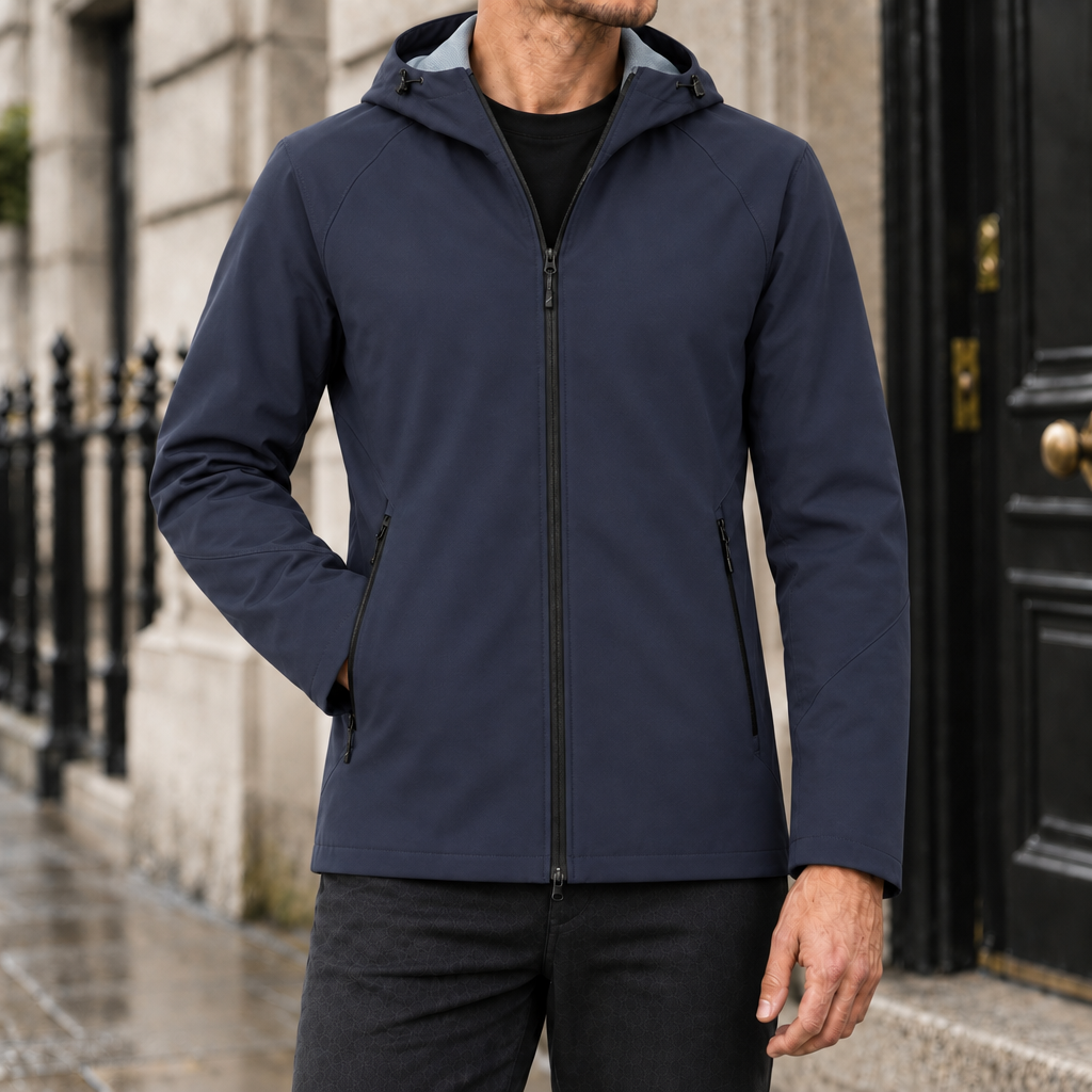 Weston Hooded Rain Jacket - Navy, worn, full jacket