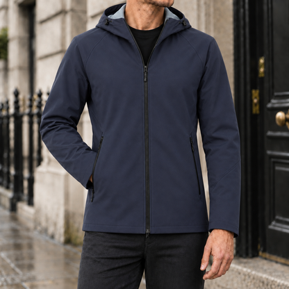 Weston Hooded Rain Jacket - Navy, worn, full jacket