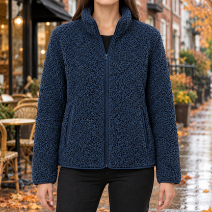 Ellie Piped Teddy Zip Jacket - Dark Blue, worn, full jacket