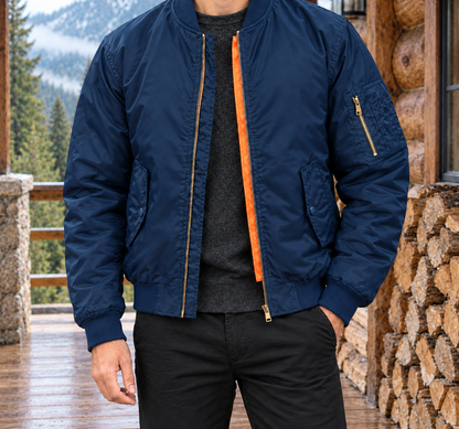 Brett Contrast-Lined Flight Jacket - Dark Blue, worn