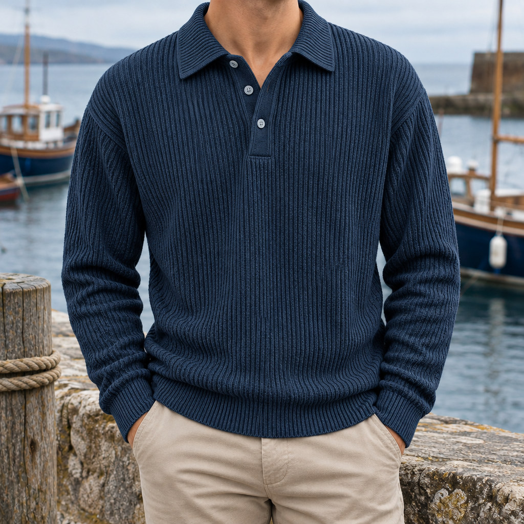 Bradley Ribbed Long-Sleeve Knit Polo - Dark Blue, worn, full polo