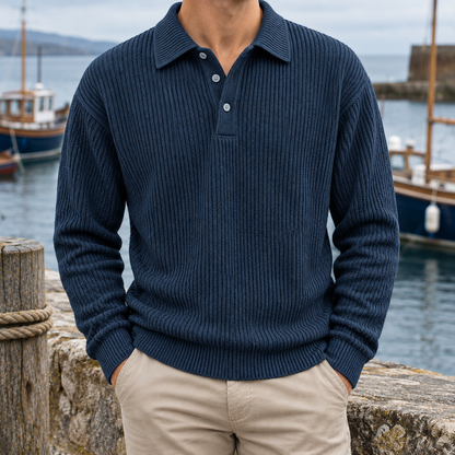 Bradley Ribbed Long-Sleeve Knit Polo - Dark Blue, worn, full polo