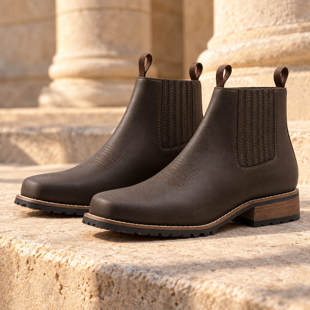 Wade Square-Toe Western Chelsea Boots - Dark Brown, pair on a limestone step