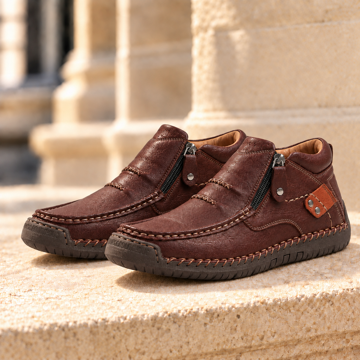 Brooks Leather Side-Zip Moc-Toe Boots - Dark Brown, full pair