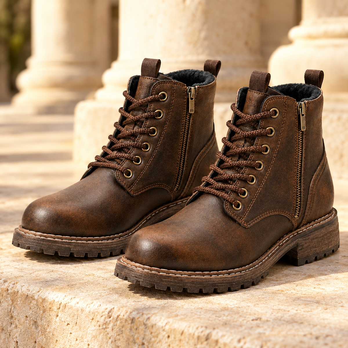 Chase Plush-Lined Lace-Up Boots - Dark Brown, full pair