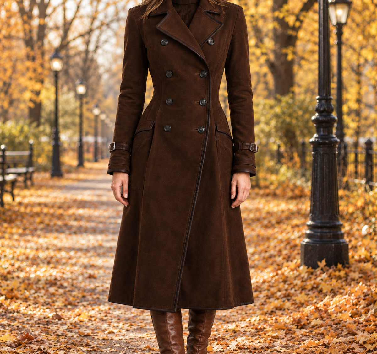 Kendall Suede-Look Double-Breasted Coat - Dark Brown, worn