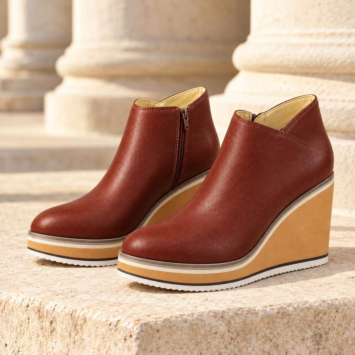 Lindsay Platform Wedge Ankle Boots - Dark Brown, full pair