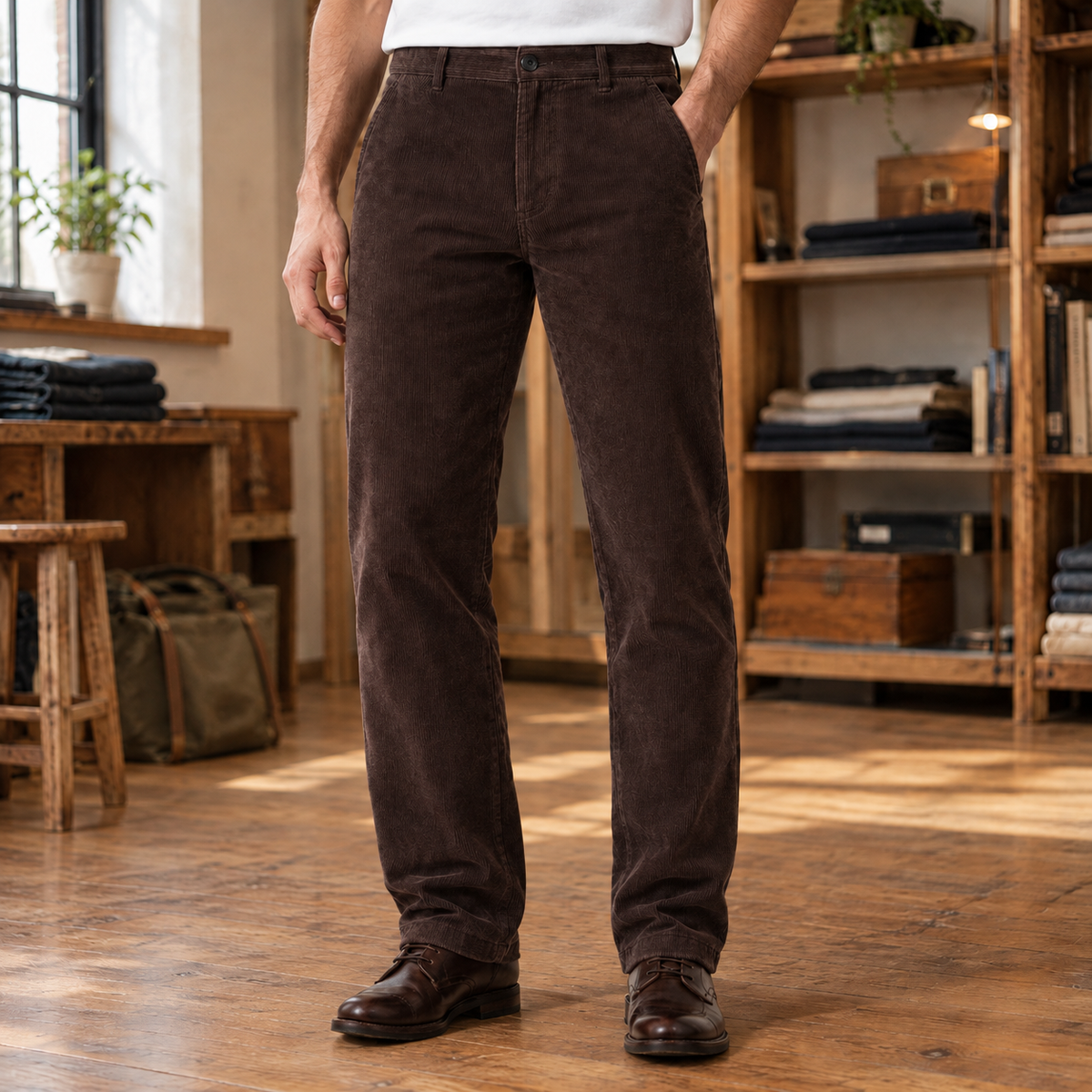 Elliott Wide-Wale Corduroy Trousers - Dark Brown, worn, full length