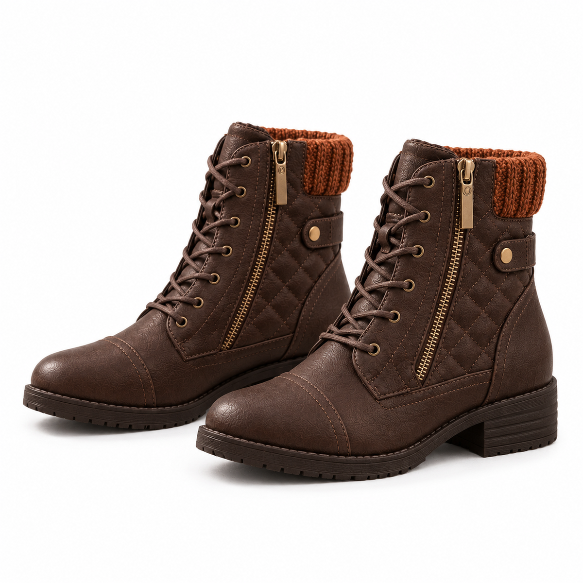 Avery Quilted Lace-Up Ankle Boots - Dark Brown, full pair
