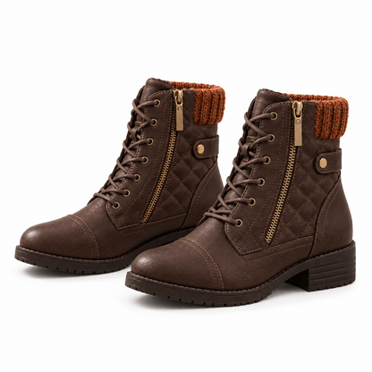 Avery Quilted Lace-Up Ankle Boots - Dark Brown, full pair