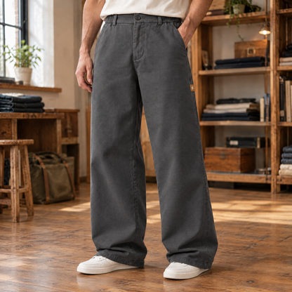 Owen Washed Cotton Work Pants - Dark Gray, worn, full pants