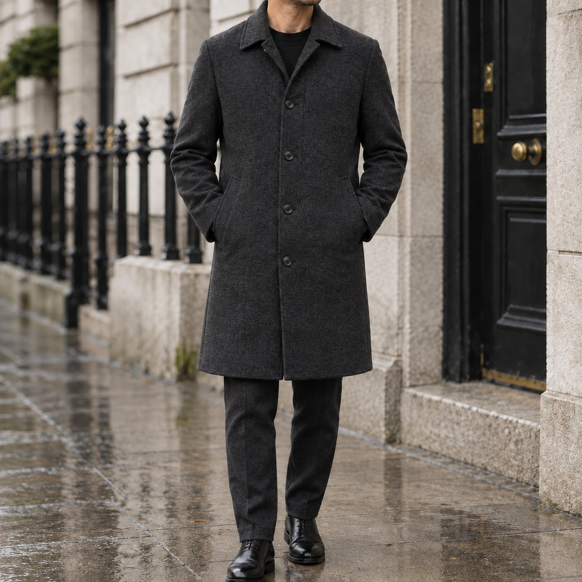 Graham Plaid-Lined Wool-Blend Overcoat - Dark Gray, worn