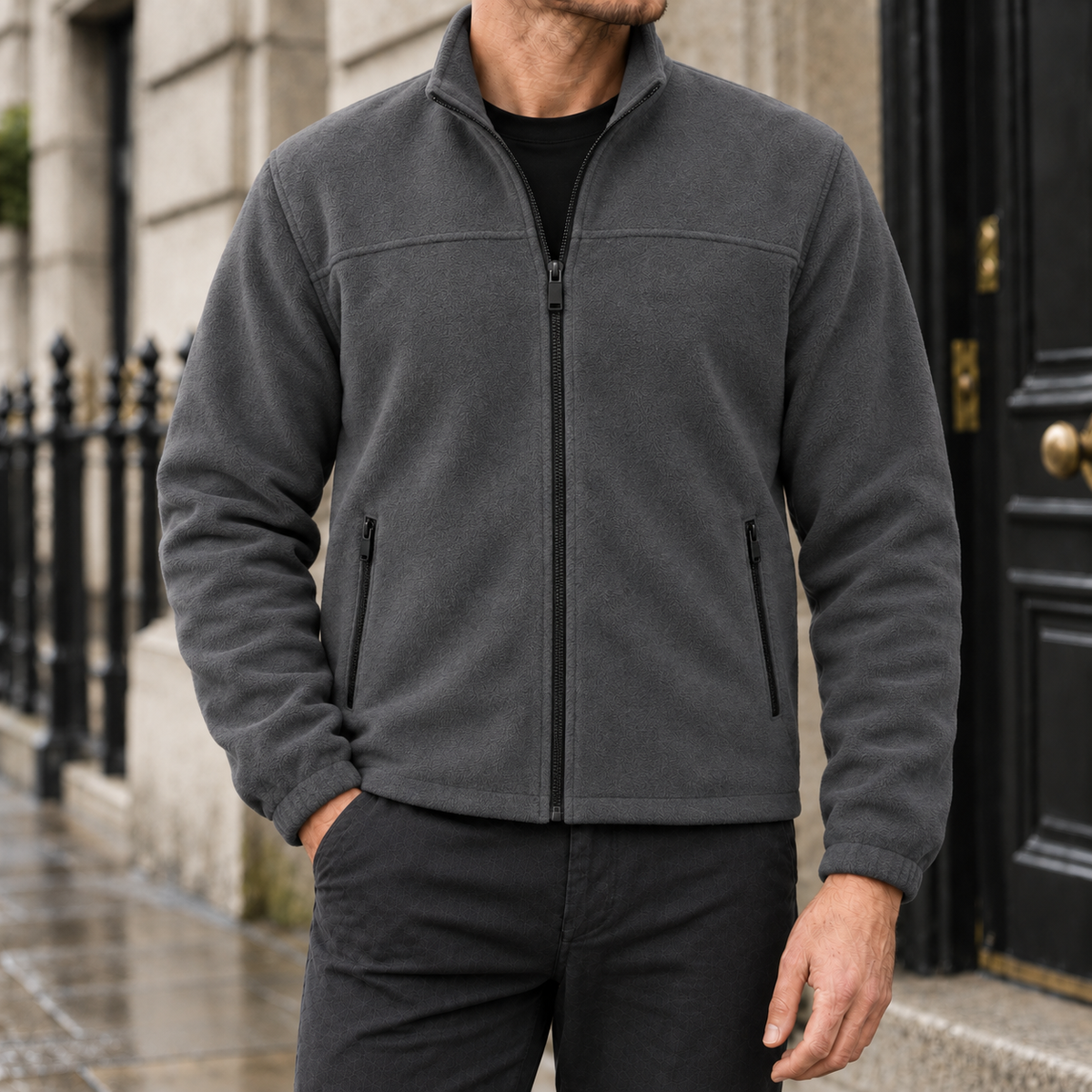 Elliot Polar Fleece Zip Jacket - Dark Gray, worn, full jacket