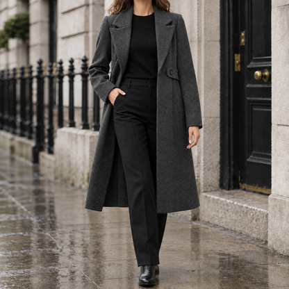 Evelyn Tab-Waist Tailored Coat - Dark Gray, worn, full coat