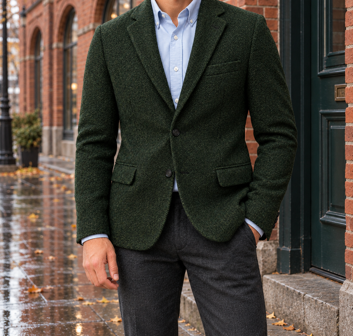 Edward Herringbone Two-Button Blazer - Dark Green, worn, full blazer