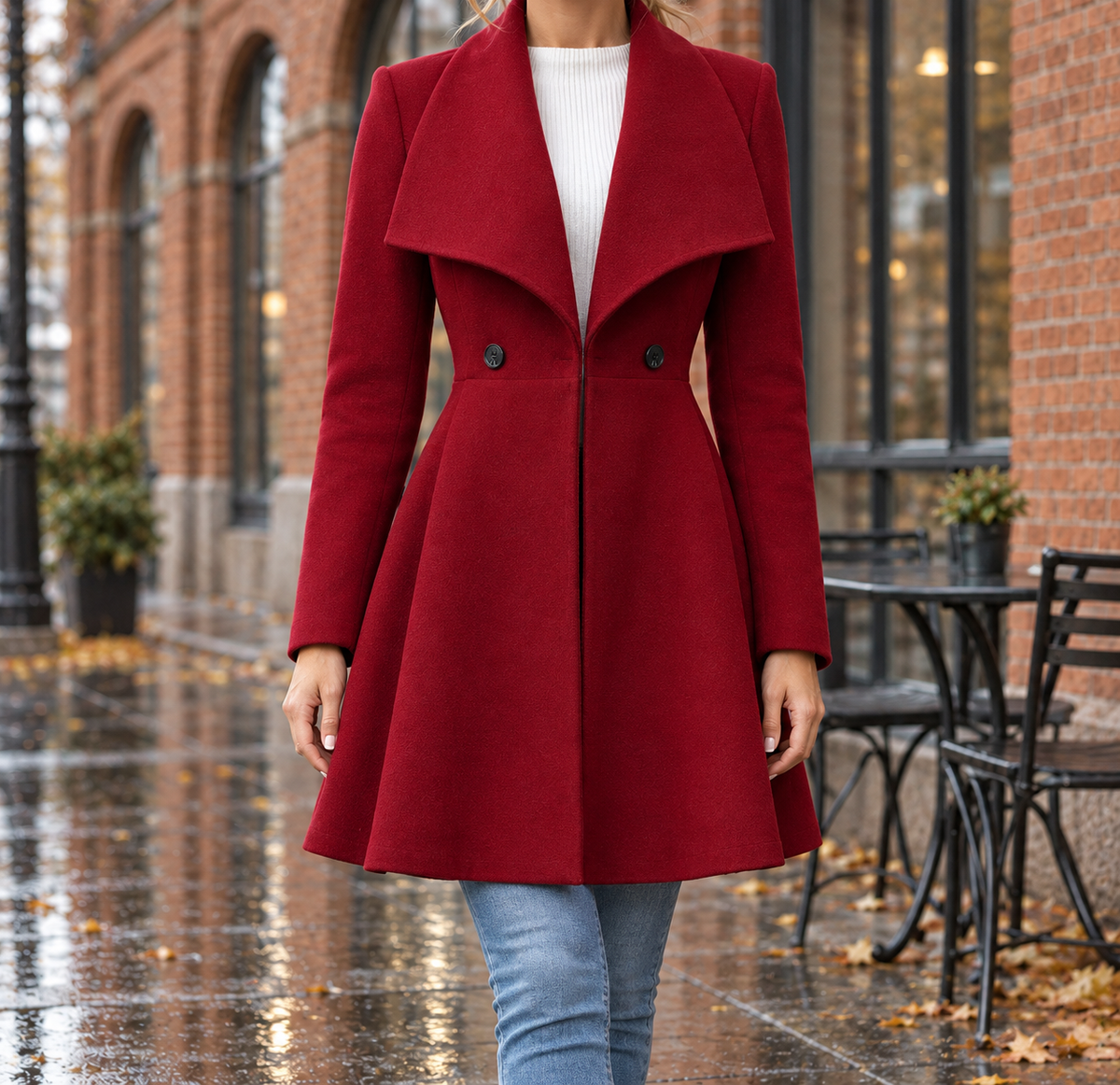 Rachel Wide-Lapel Flared Coat - Deep Red, worn, full coat
