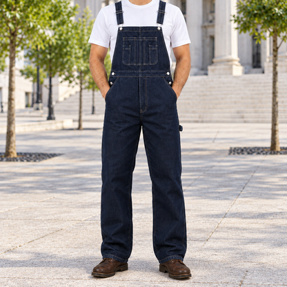 Hank Rinse Denim Bib Overalls - Dark Indigo, worn, full overalls