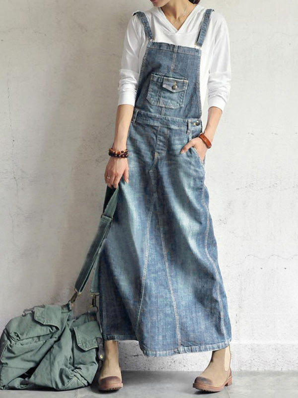 Casual Vintage-Inspired Back Slit Denim Overall Dress  Drako™️