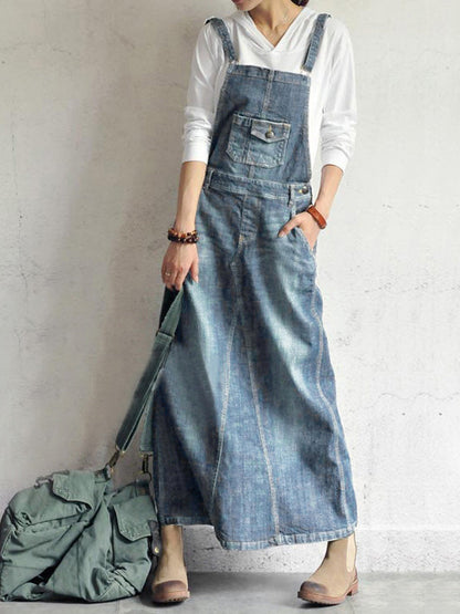 Casual Vintage-Inspired Back Slit Denim Overall Dress  Drako™️