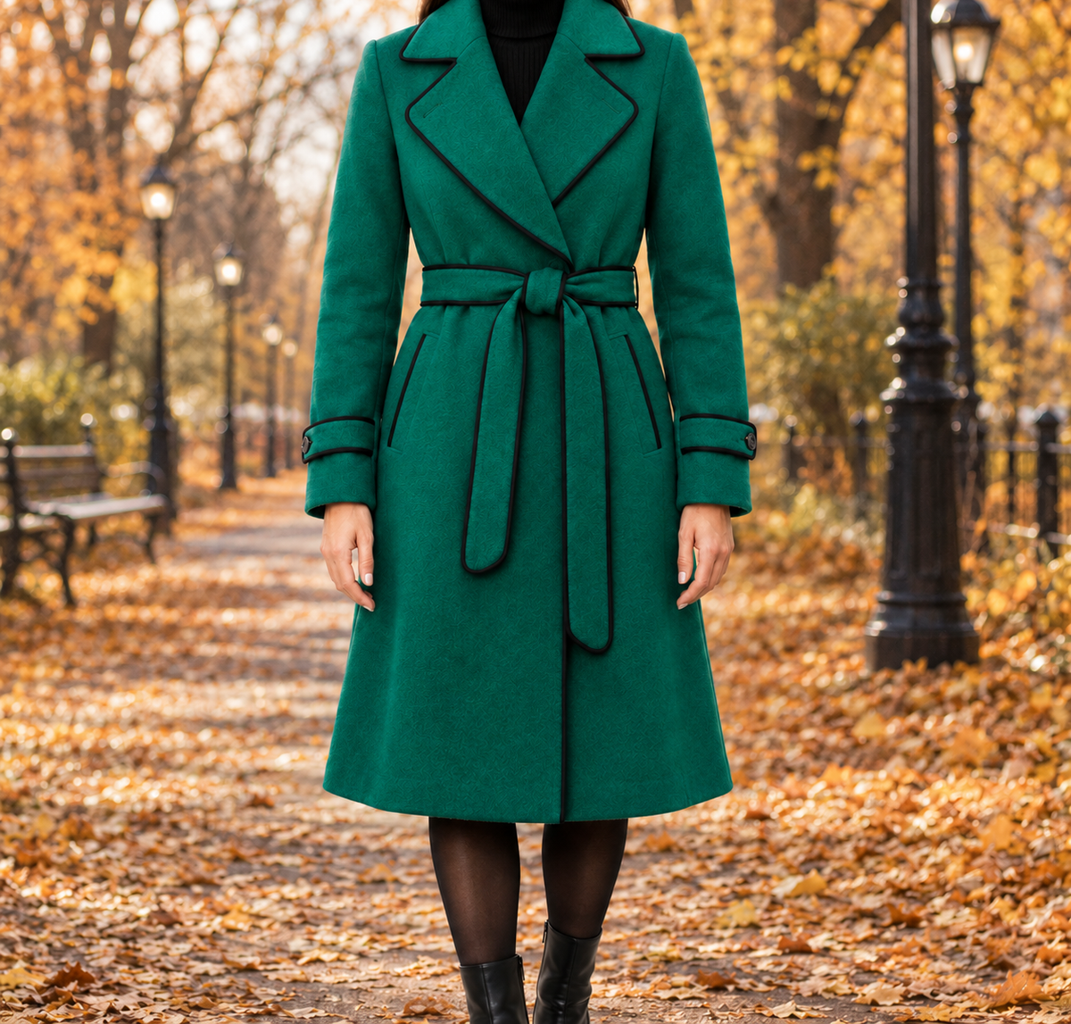 Amanda Piped Wool-Blend Belted Coat - Emerald, worn