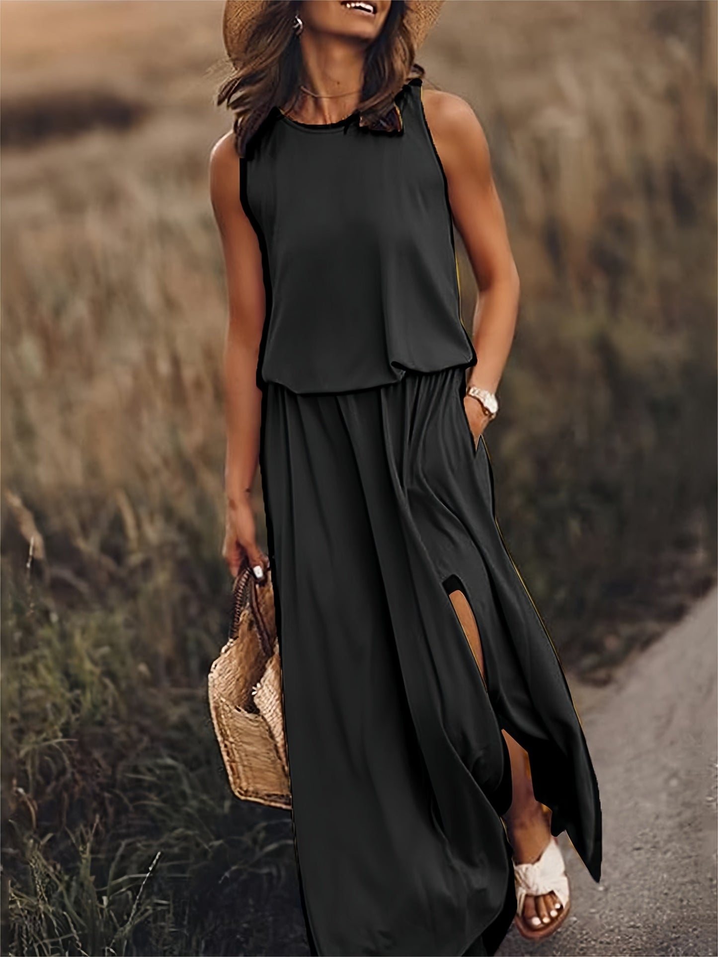 Women’s Maxi Dress | Boho Style with Draped Overlay & Side Slits | Polyester Blend | Comfortable Fit  Drako™️