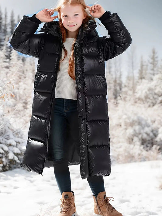 Girls' Hooded Long Winter Coat | Thick Insulated Warmth | Durable Black Fabric | Comfortable Fit  Drako™️