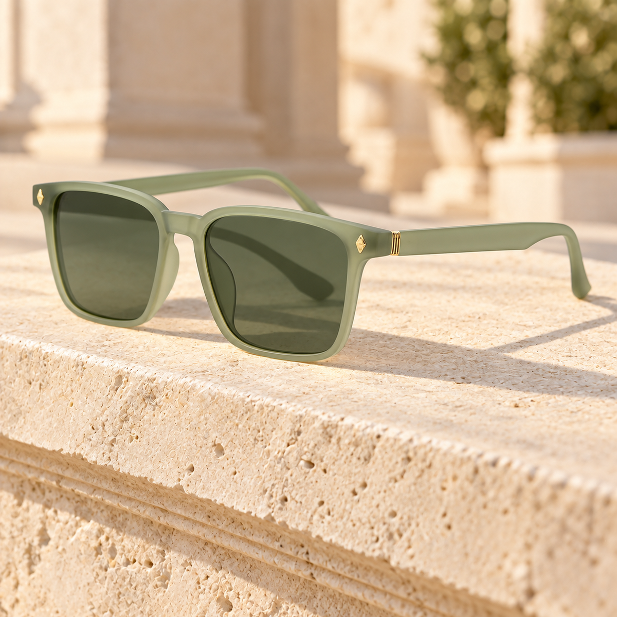 Bennett Gold-Stud Square Sunglasses - Frosted Sage/Green, full frame