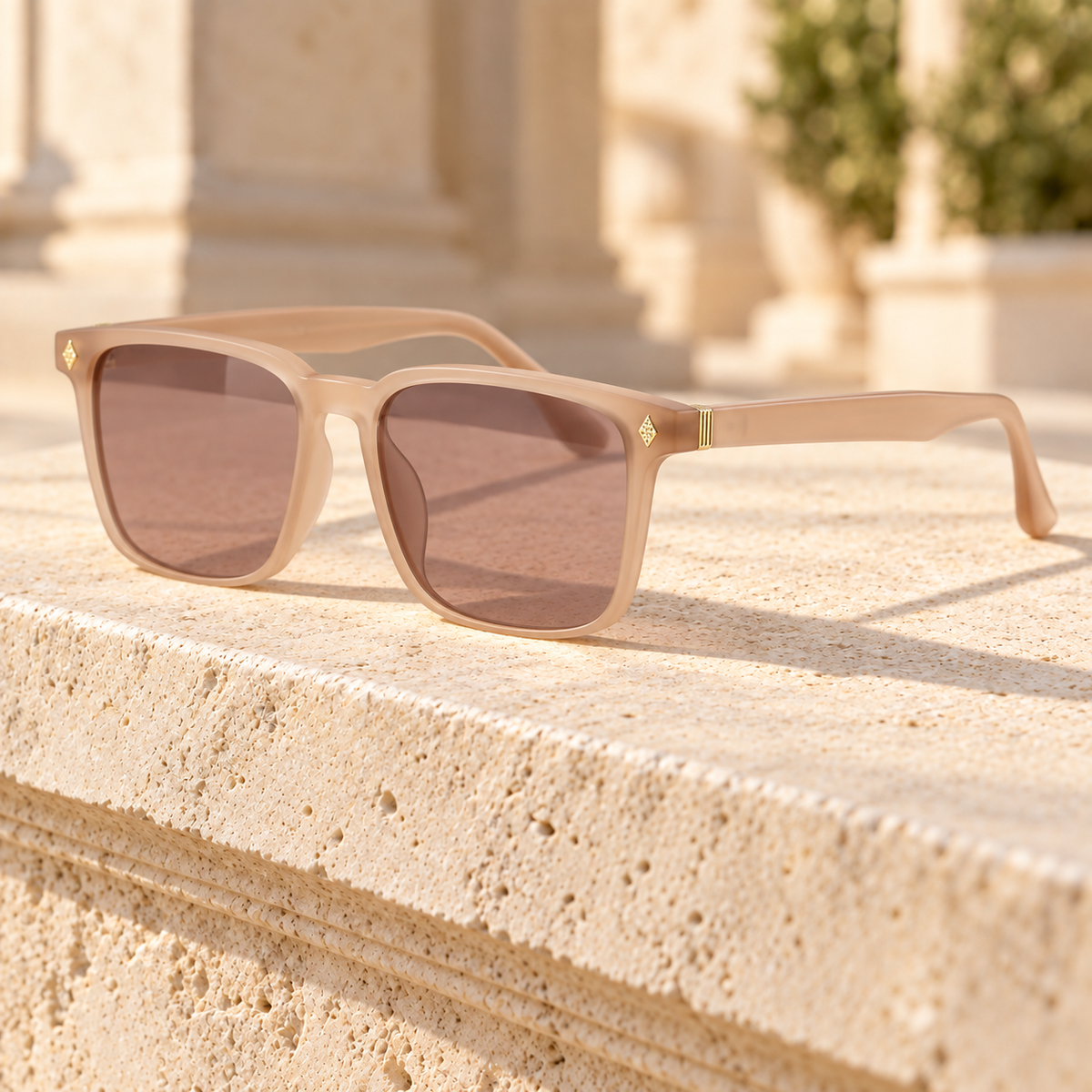 Bennett Gold-Stud Square Sunglasses - Frosted Tan/Brown, full frame