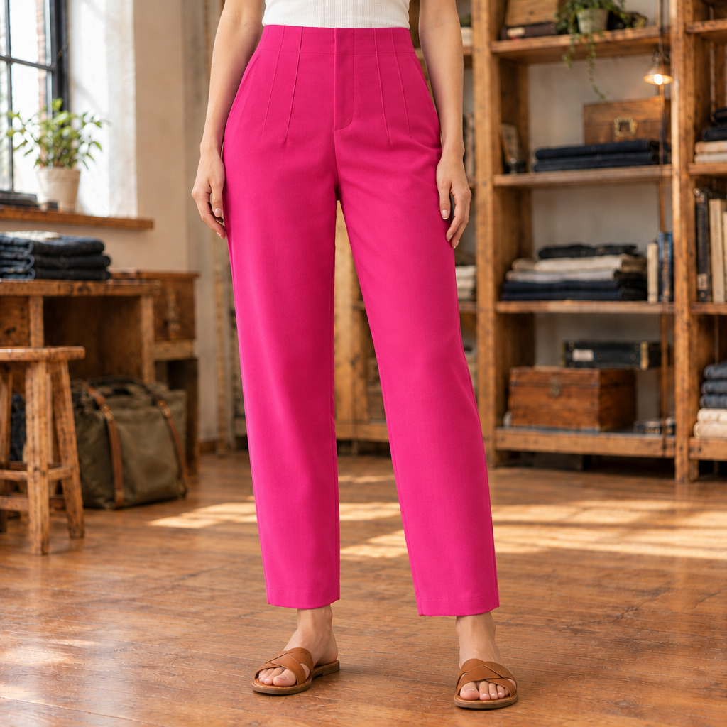 Rachel High-Waist Seamed Trousers - Fuchsia, worn, full trousers