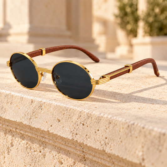 Carson Wood-Grain Oval Sunglasses — Gold/Black, full frame