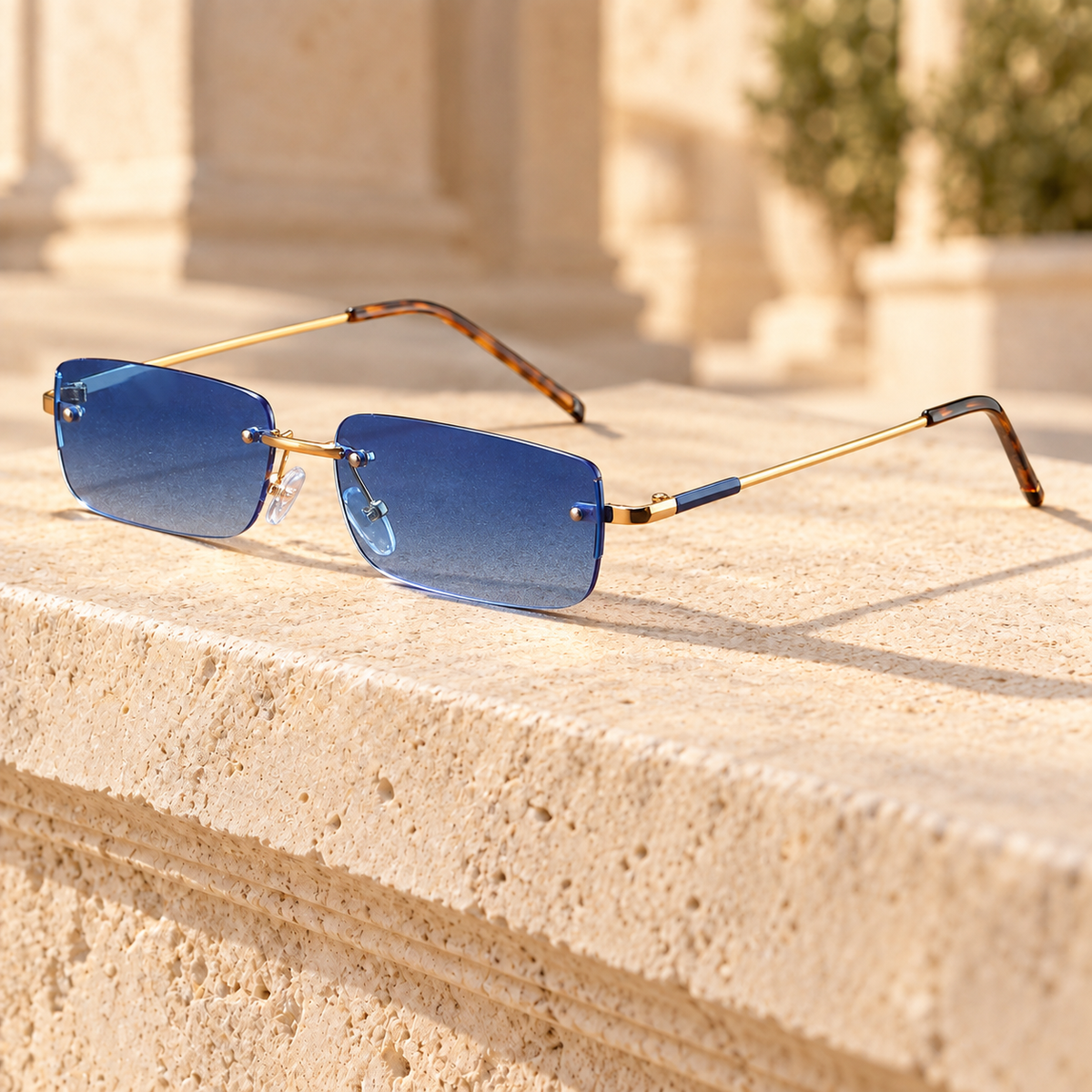 Ansel Rimless Rectangle Sunglasses — Gold/Blue, full frame