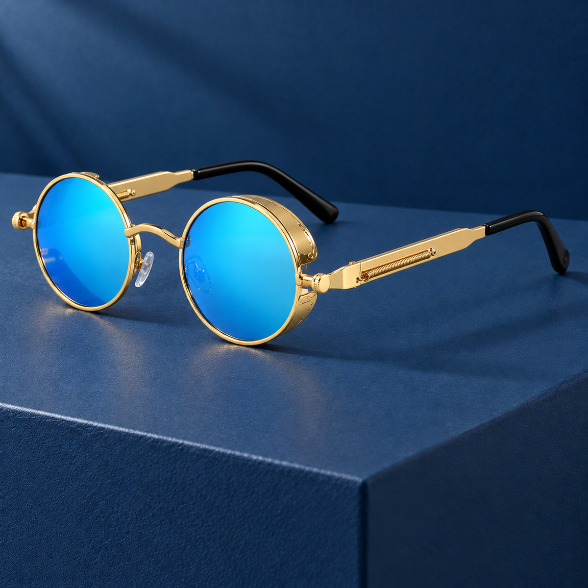 Felix Round Side-Shield Sunglasses - Gold/Blue, full frame
