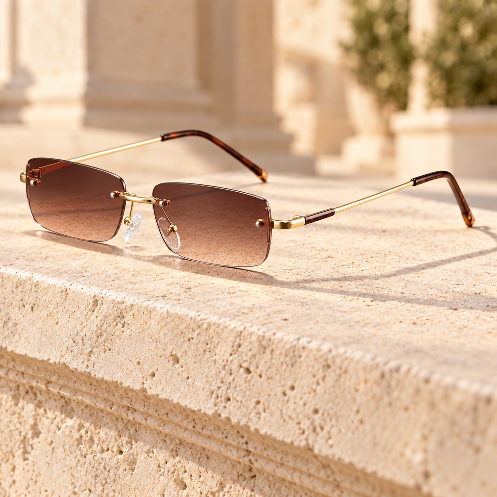 Ansel Rimless Rectangle Sunglasses — Gold/Brown, full frame