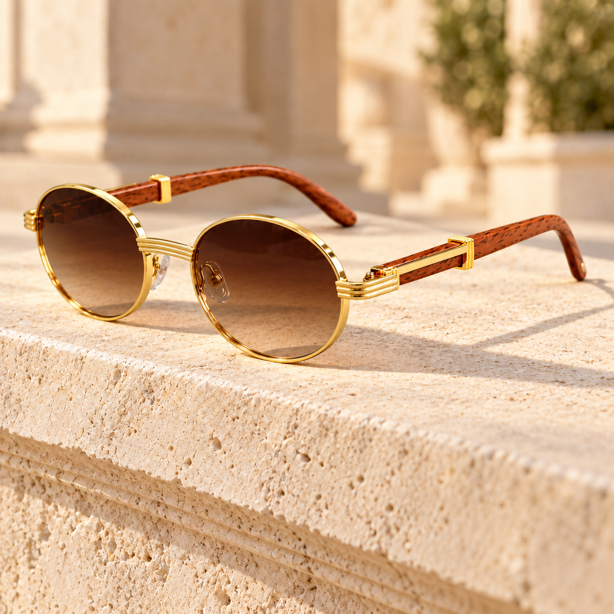 Carson Wood-Grain Oval Sunglasses — Gold/Brown, full frame