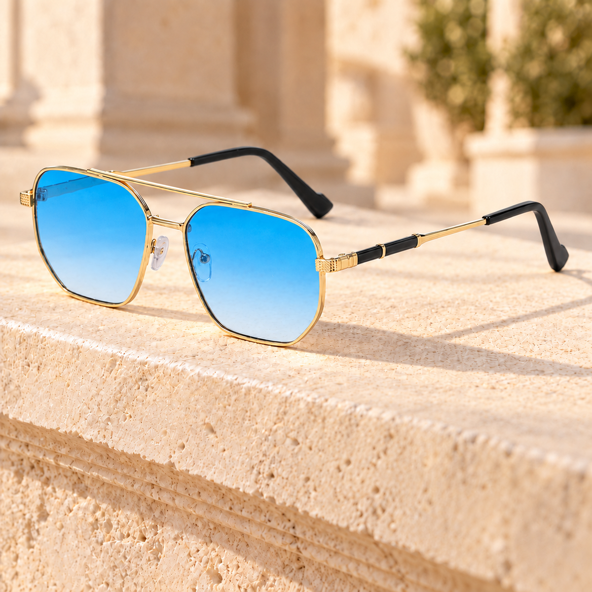 Jackson Double-Bridge Metal Sunglasses — Gold/Gradient Blue, full frame