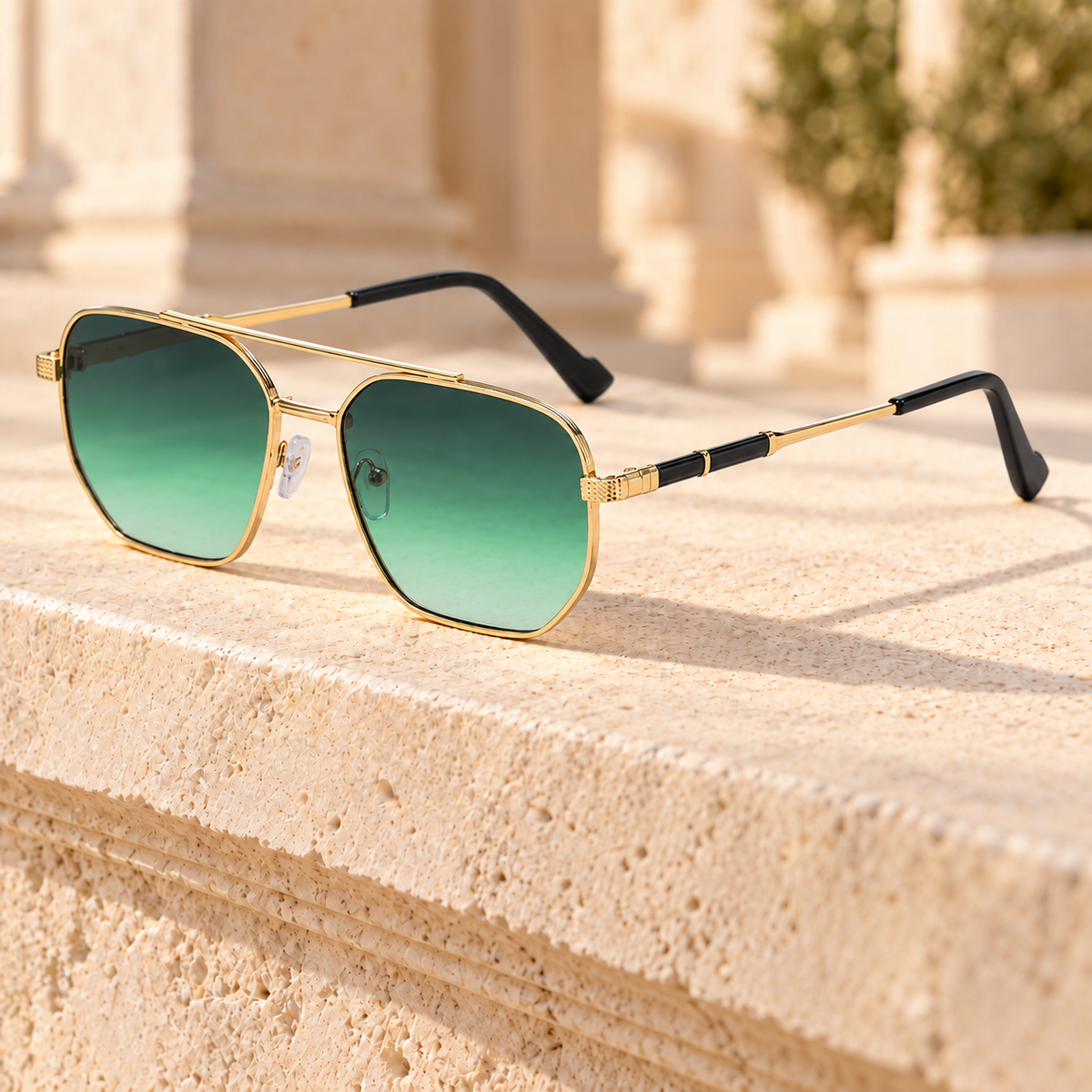 Jackson Double-Bridge Metal Sunglasses — Gold/Gradient Green, full frame