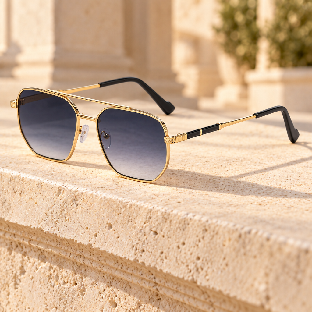 Jackson Double-Bridge Metal Sunglasses — Gold/Gradient Grey, full frame