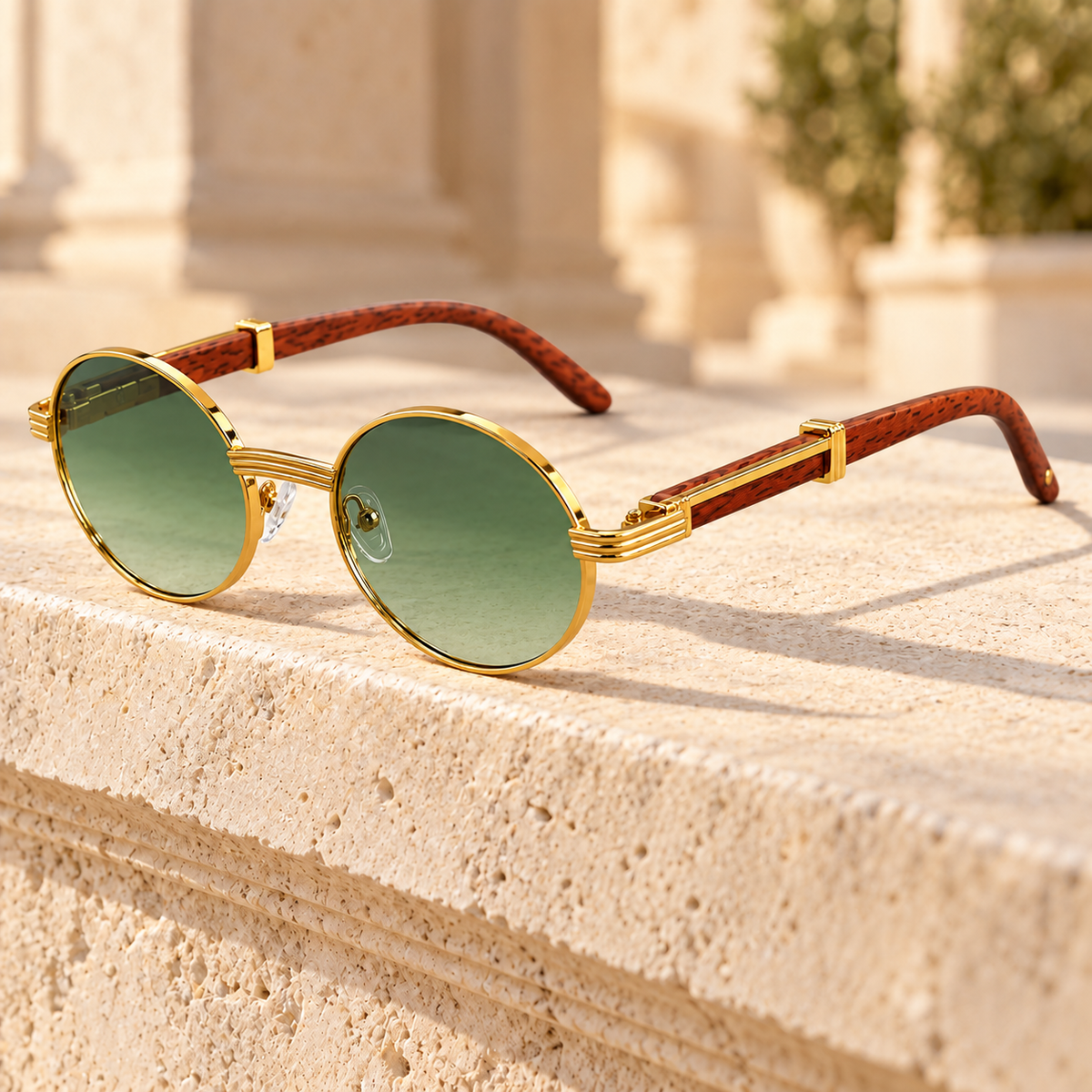 Carson Wood-Grain Oval Sunglasses — Gold/Green, full frame